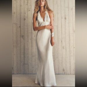 ZARA satin - oleographic - champagne/oyster/cream Halter Dress- size S - NWT